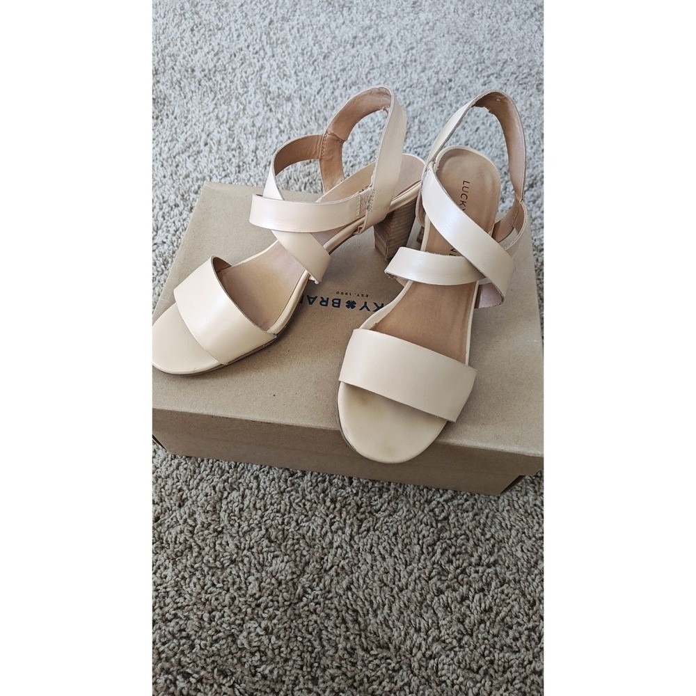 Lucky Brand Women Beige Strappy Slingback Pull On Cone Heel Sandals Size 8.5M